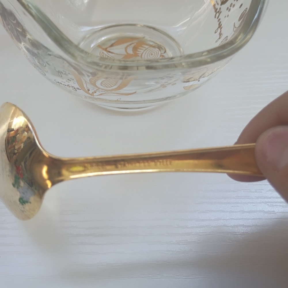 MCM Georges Briard Gold Floral Glass Bowl Jacobean Flowers W/ Gold Spoon - Picture 9 of 16